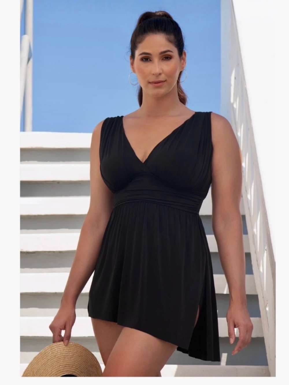 New Longitude Chic Goddess Swimdress Bathing Suit in Black, Size 14